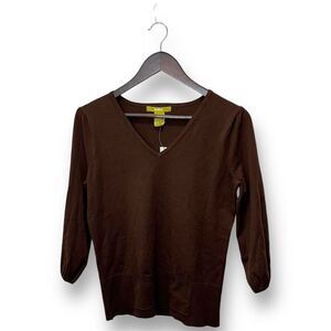Acorn Womens Silk Blend Brown VNeck Sweater 3/4 Puff Sleeve Small Retro Academia